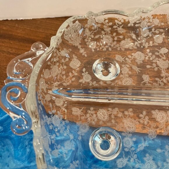 Cambridge Rose Point Etched Glass Divided 3 Part Footed Relish Dish with Handles - Picture 2 of 6
